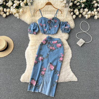 Amolapha Femei Seturi de două piese din denim cu imprimeu floral, fără bretele, cu talie elastică, camisol + fustă maxi despicată, costume de blugi