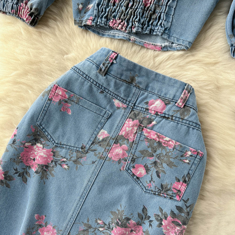 Amolapha Femei Seturi de două piese din denim cu imprimeu floral, fără bretele, cu talie elastică, camisol + fustă maxi despicată, costume de blugi