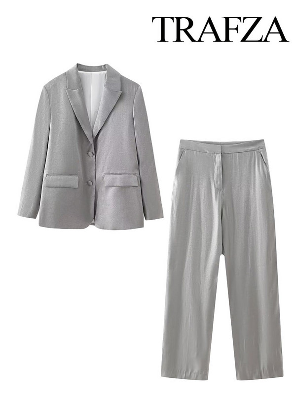 TRAFZA női tavaszi divat öltöny ezüst lehajtható gallér hosszú ujjú zsebek egysoros blézer + magas derékú cipzár, hosszú nadrág