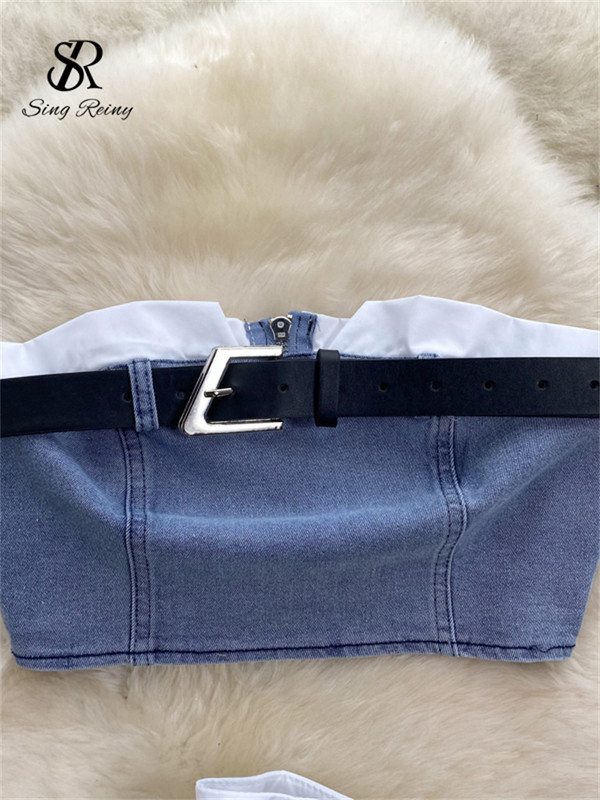 SINGREINY modes amerikāņu retro Y2K seksīgi džinsu kostīmi sievietēm bez lencītēm, mini tops + kroku mini svārki Vintage pludmales divu gabalu komplekts