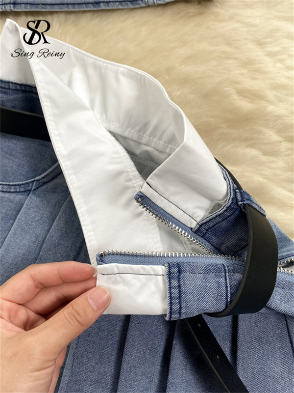 SINGREINY modes amerikāņu retro Y2K seksīgi džinsu kostīmi sievietēm bez lencītēm, mini tops + kroku mini svārki Vintage pludmales divu gabalu komplekts