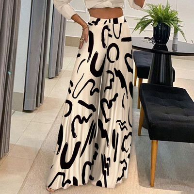 Pantaloni lungi de primăvară de vară pentru femei Pantaloni lați cu talie înaltă imprimeu pentru dame noi, ocazional, pentru petrecere, costume elegante cu pantaloni