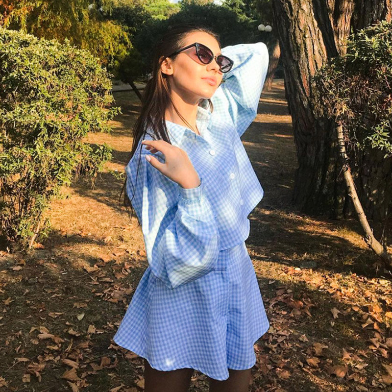 GACVGA Pantaloni pantaloni în carouri Seturi de pantaloni scurți Guler de cămașă Costume asortate Bluză cu mânecă lungă Top ținute Vară Toamnă Femei Set două piese