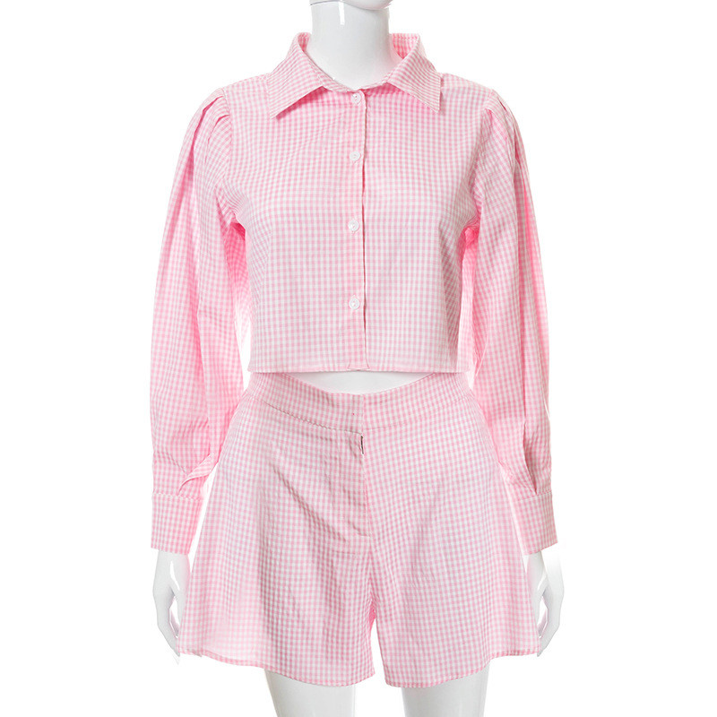 GACVGA Pantaloni pantaloni în carouri Seturi de pantaloni scurți Guler de cămașă Costume asortate Bluză cu mânecă lungă Top ținute Vară Toamnă Femei Set două piese