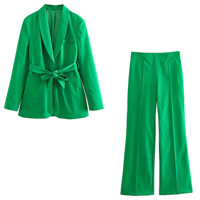 TRAFZA Žensko modno odijelo s hlačama, blejzer, kaput, kaput s dugim rukavima + bočni patentni zatvarač s visokim strukom, uske ravne hlače, proljetna ženska odijela