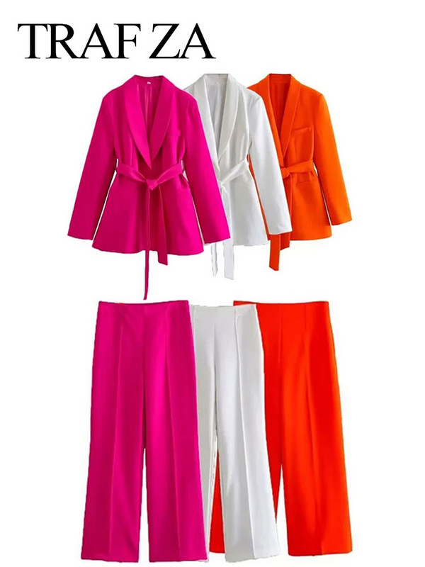 TRAFZA Žensko modno odijelo s hlačama, blejzer, kaput, kaput s dugim rukavima + bočni patentni zatvarač s visokim strukom, uske ravne hlače, proljetna ženska odijela