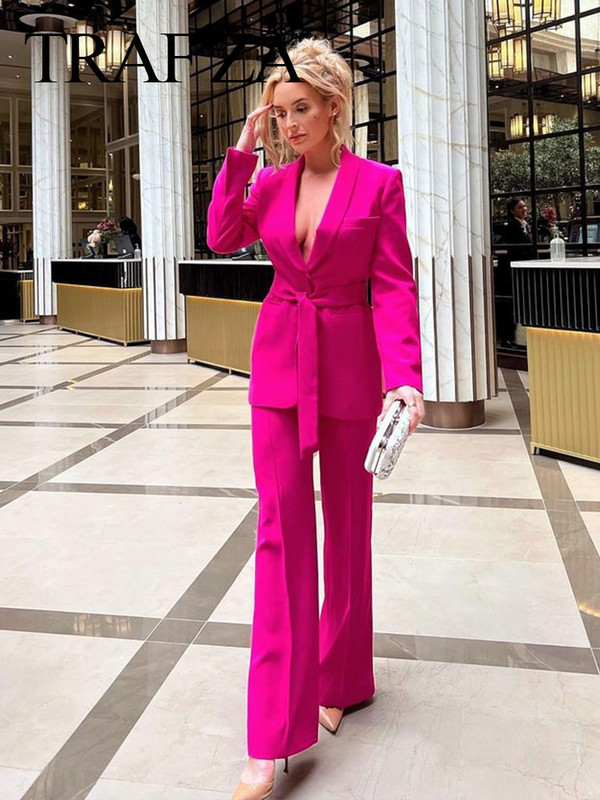 TRAFZA Žensko modno odijelo s hlačama, blejzer, kaput, kaput s dugim rukavima + bočni patentni zatvarač s visokim strukom, uske ravne hlače, proljetna ženska odijela