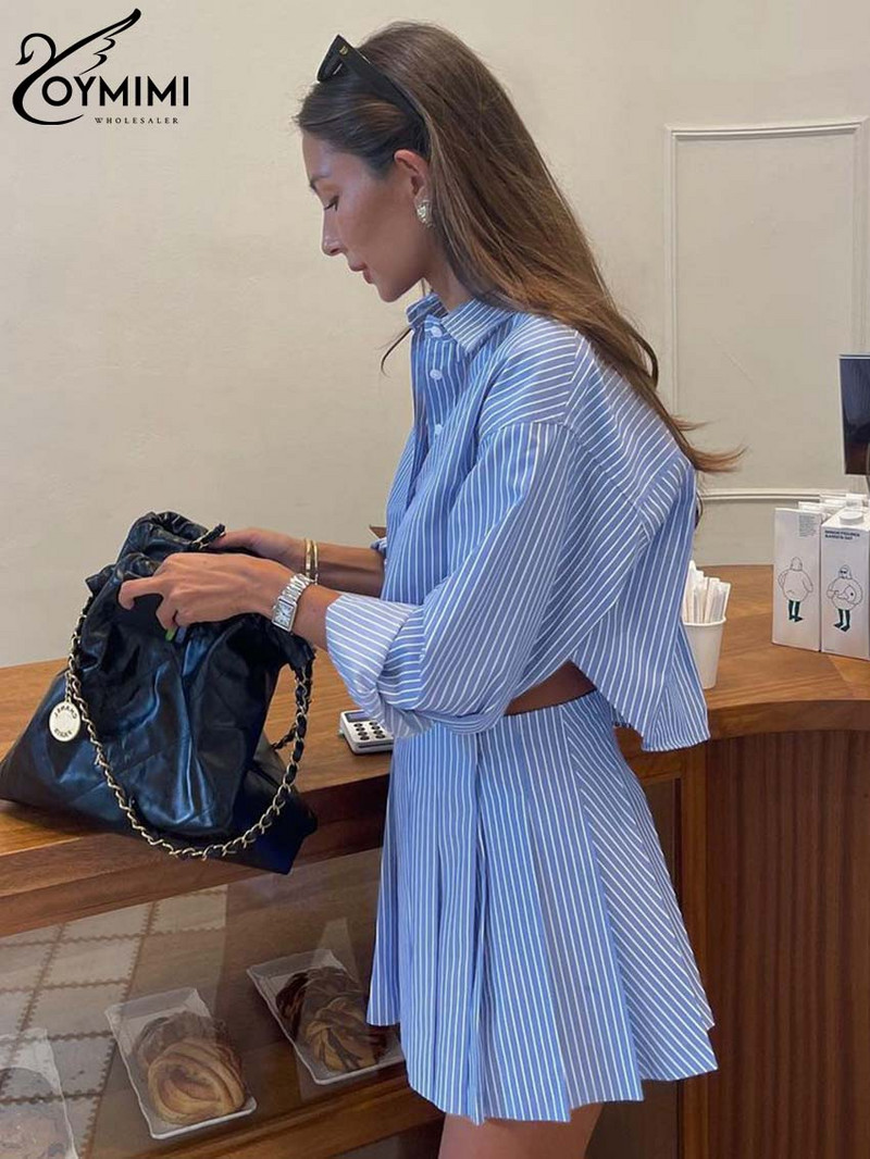 Oymimi elegantsed sinise triibulise prindikomplektid naistele, 2-osaline moodne pikkade varrukatega nööpidega kärbitud topside ja kõrge vöökohaga plisseeritud seelikukomplekt