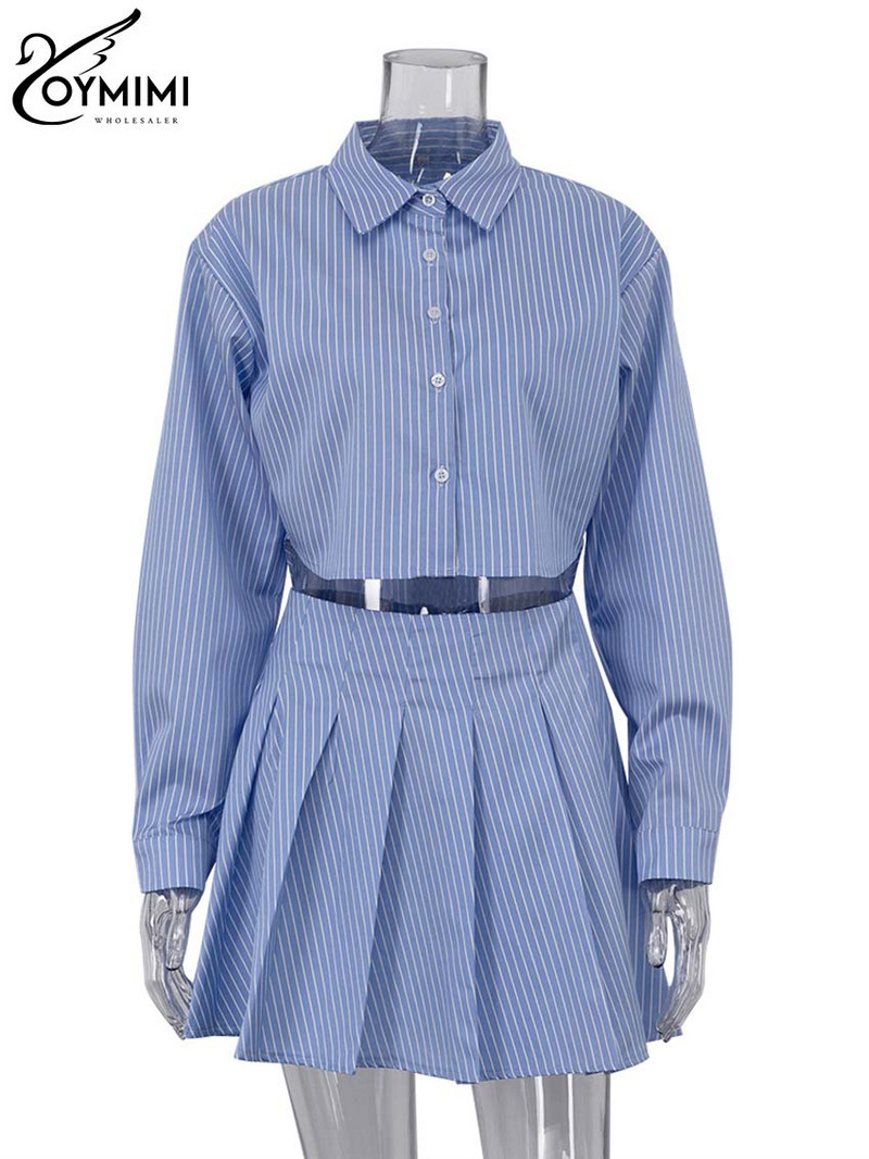 Oymimi elegantsed sinise triibulise prindikomplektid naistele, 2-osaline moodne pikkade varrukatega nööpidega kärbitud topside ja kõrge vöökohaga plisseeritud seelikukomplekt