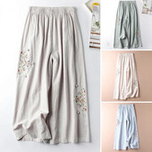 Suvised üheksandad püksid Naiste riided Püksid Lilletikandid Lai jalg Sügav jalgevahe lahtised Vintage Match Etnilise stiiliga Elastne vöökoht