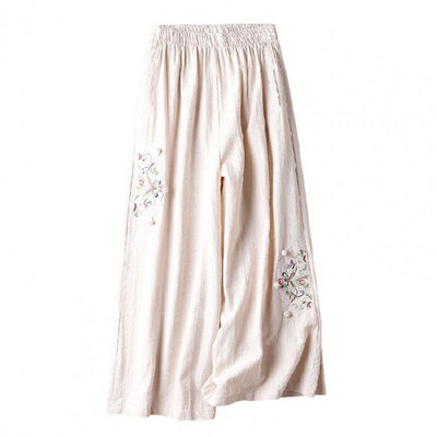 Suvised üheksandad püksid Naiste riided Püksid Lilletikandid Lai jalg Sügav jalgevahe lahtised Vintage Match Etnilise stiiliga Elastne vöökoht