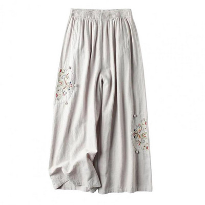Suvised üheksandad püksid Naiste riided Püksid Lilletikandid Lai jalg Sügav jalgevahe lahtised Vintage Match Etnilise stiiliga Elastne vöökoht