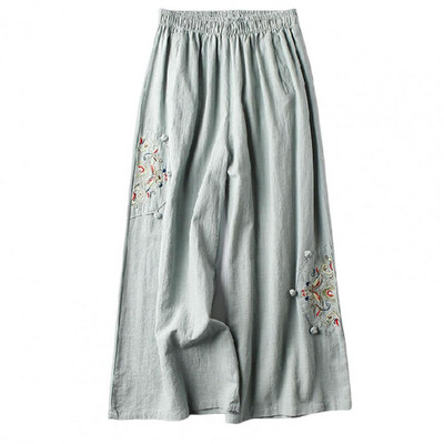 Suvised üheksandad püksid Naiste riided Püksid Lilletikandid Lai jalg Sügav jalgevahe lahtised Vintage Match Etnilise stiiliga Elastne vöökoht