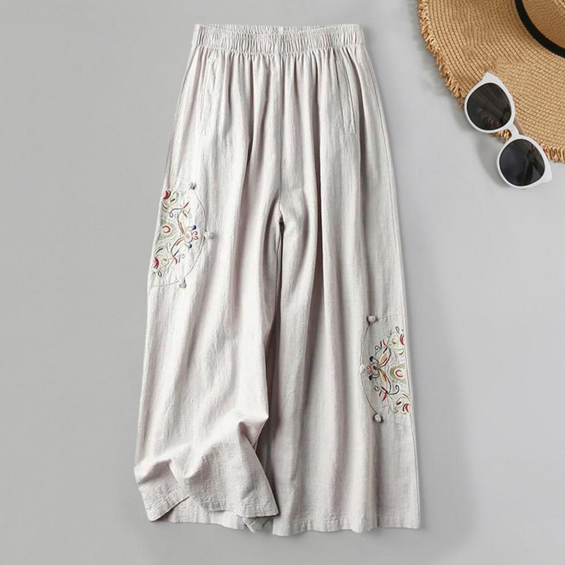 Suvised üheksandad püksid Naiste riided Püksid Lilletikandid Lai jalg Sügav jalgevahe lahtised Vintage Match Etnilise stiiliga Elastne vöökoht