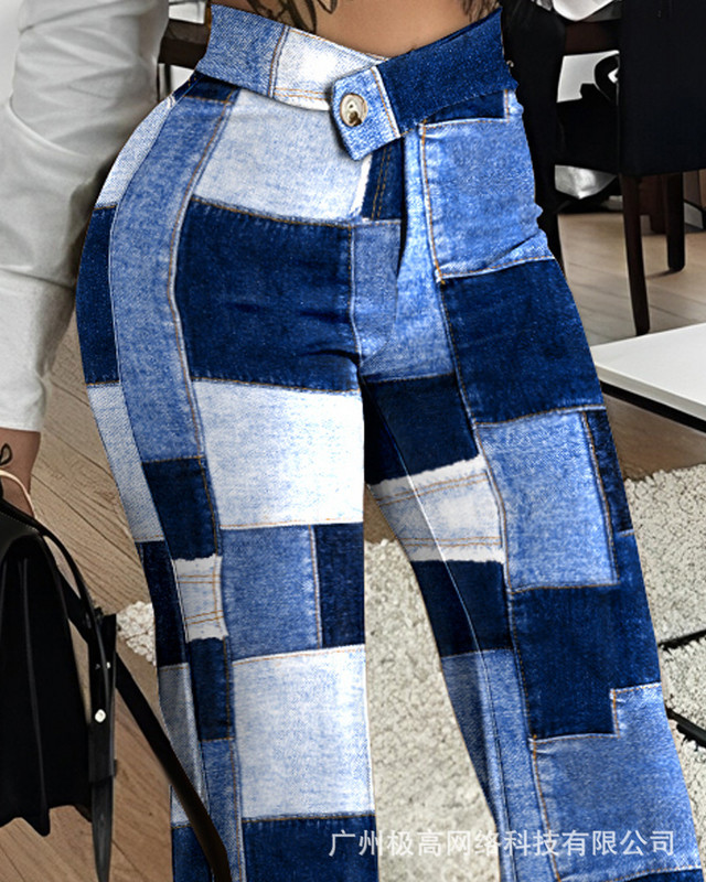 Denim Look Prindi kattuv vöökoht Tööpüksid Naiste suvekevad täispikad püksid