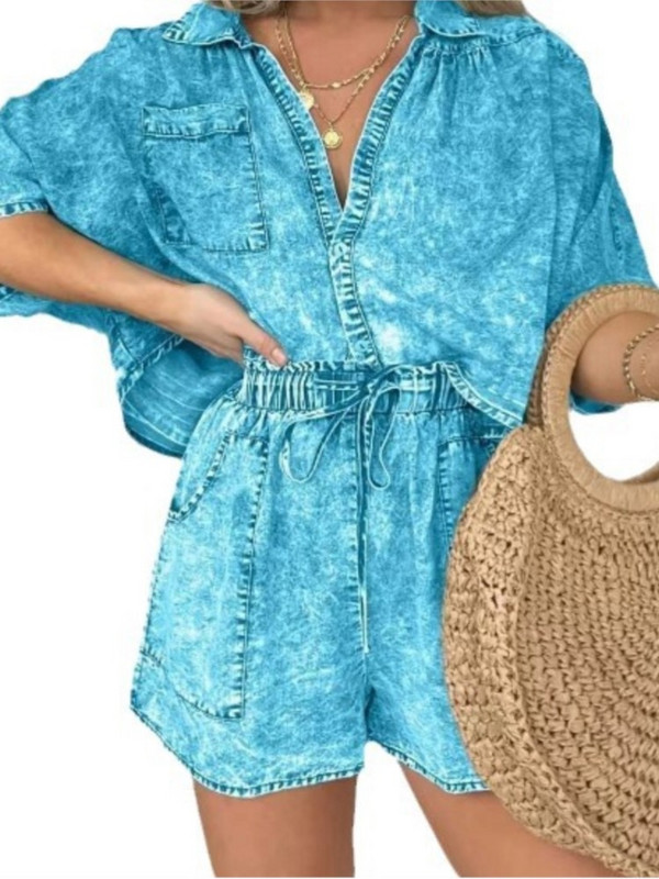 Modes vintage džinsa zili šorti, kostīms sievietēm Vasaras jauns, vienkāršs modes kabatas string gadījuma brīvi topi 2 daļīgs komplekts sievietēm