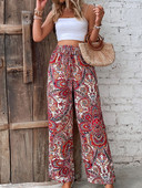 Ženske boho print hlače sa širokim nogavicama visokog struka 2024 Proljeće New Vintage Ženske elastične trake Labave ležerne hlače za plažu Femmal Clothes