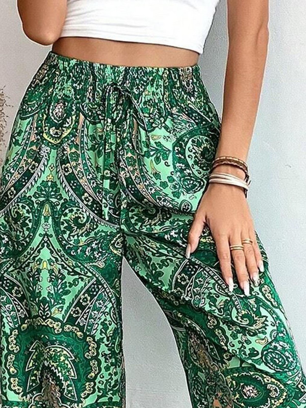 Ženske boho print hlače sa širokim nogavicama visokog struka 2024 Proljeće New Vintage Ženske elastične trake Labave ležerne hlače za plažu Femmal Clothes