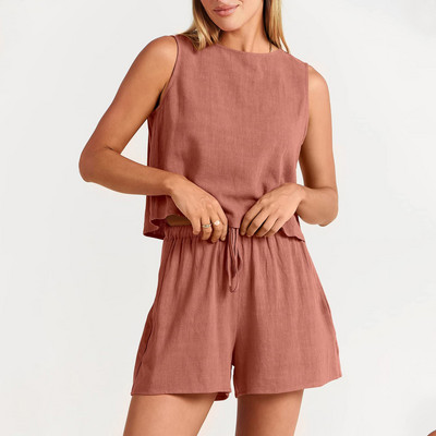 Naiste suvised 2-osalised komplektid vaba aja komplekti lühikesed püksid, varrukateta päitseteta paakpüksid taskuga lühikeste pükstega, puuvillane linane ülikond 2024