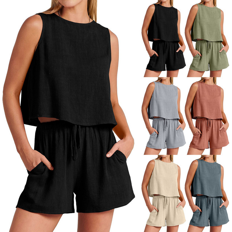 Naiste suvised 2-osalised komplektid vaba aja komplekti lühikesed püksid, varrukateta päitseteta paakpüksid taskuga lühikeste pükstega, puuvillane linane ülikond 2024