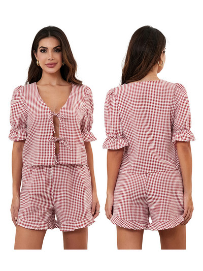 Naiste 2-osalised lühikesed komplektid Ruuduline prinditud lips ees lühikeste varrukatega T-särk ja elastsed lühikesed püksid suvevarustus Tänavarõivad Vintage Pjs