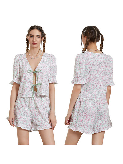 Naiste 2-osalised lühikesed komplektid Ruuduline prinditud lips ees lühikeste varrukatega T-särk ja elastsed lühikesed püksid suvevarustus Tänavarõivad Vintage Pjs