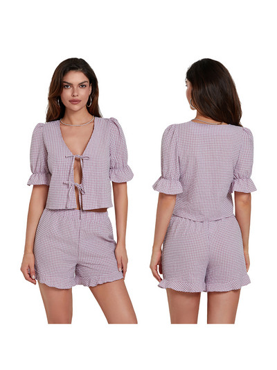 Naiste 2-osalised lühikesed komplektid Ruuduline prinditud lips ees lühikeste varrukatega T-särk ja elastsed lühikesed püksid suvevarustus Tänavarõivad Vintage Pjs