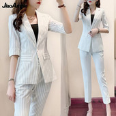 Naiste suvised õhukesed bleiseriga püksid, 3-osaline komplekt, 2022. aasta kontorinaise graatsiline valge triibuline poolkostüüm mantel Korea töörõivad naistele
