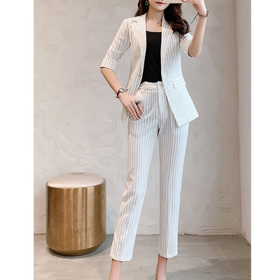 Naiste suvised õhukesed bleiseriga püksid, 3-osaline komplekt, 2022. aasta kontorinaise graatsiline valge triibuline poolkostüüm mantel Korea töörõivad naistele