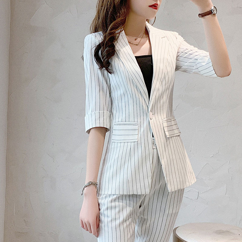 Naiste suvised õhukesed bleiseriga püksid, 3-osaline komplekt, 2022. aasta kontorinaise graatsiline valge triibuline poolkostüüm mantel Korea töörõivad naistele