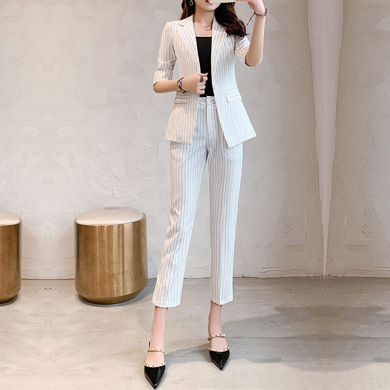 Naiste suvised õhukesed bleiseriga püksid, 3-osaline komplekt, 2022. aasta kontorinaise graatsiline valge triibuline poolkostüüm mantel Korea töörõivad naistele