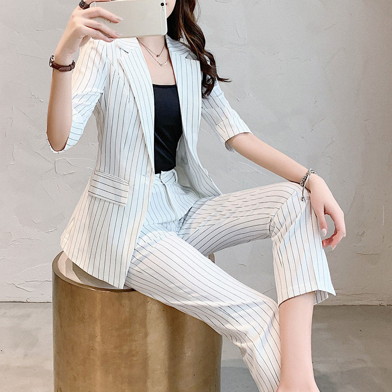 Naiste suvised õhukesed bleiseriga püksid, 3-osaline komplekt, 2022. aasta kontorinaise graatsiline valge triibuline poolkostüüm mantel Korea töörõivad naistele