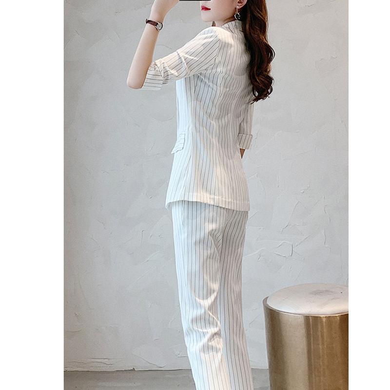 Naiste suvised õhukesed bleiseriga püksid, 3-osaline komplekt, 2022. aasta kontorinaise graatsiline valge triibuline poolkostüüm mantel Korea töörõivad naistele