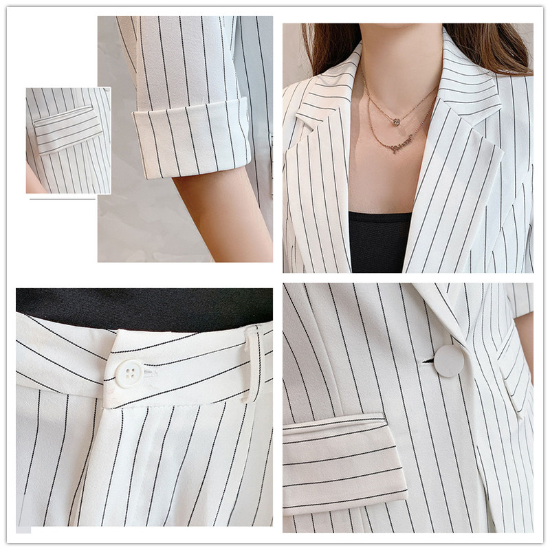 Naiste suvised õhukesed bleiseriga püksid, 3-osaline komplekt, 2022. aasta kontorinaise graatsiline valge triibuline poolkostüüm mantel Korea töörõivad naistele