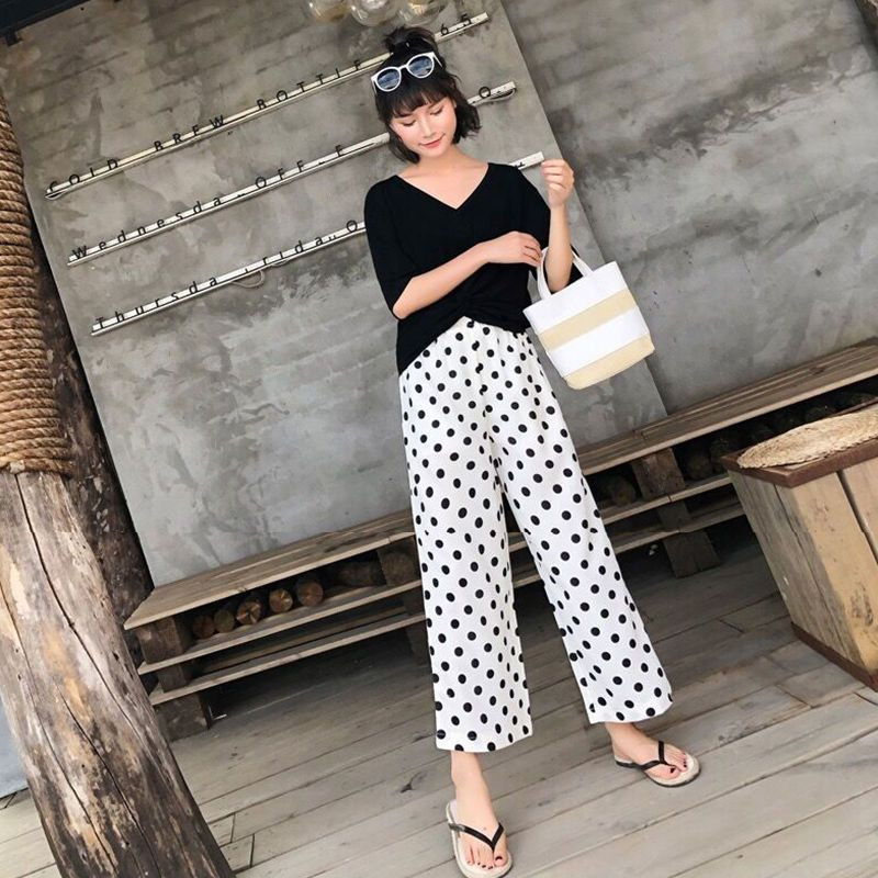 Széles szárú nadrág Egyenes elasztikus derék zseb irodai női egyszerű nyomtatás bő pöttyös tavaszi nyári vékony női ruházat
