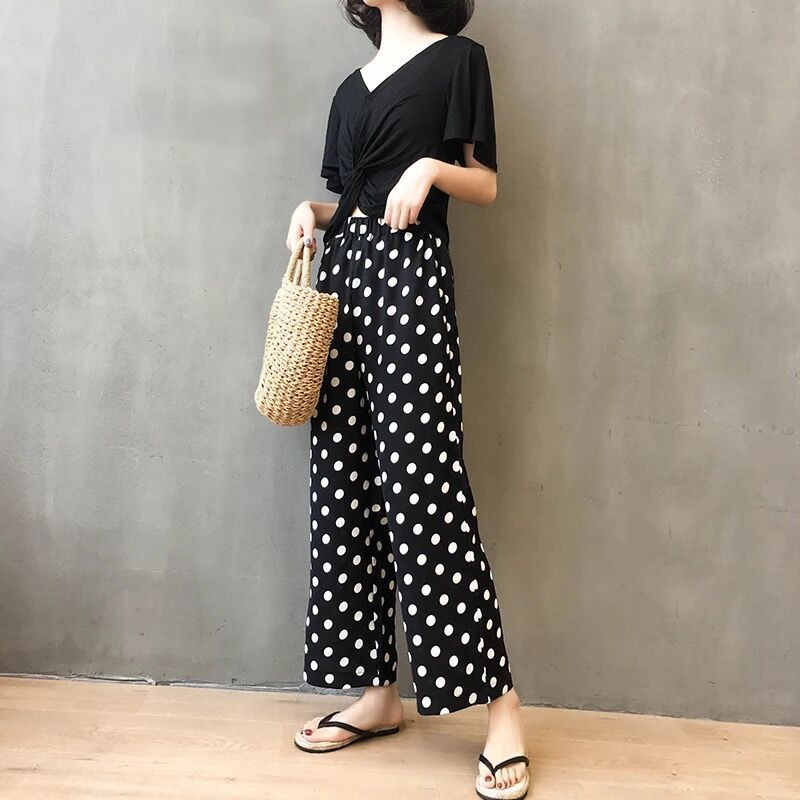 Széles szárú nadrág Egyenes elasztikus derék zseb irodai női egyszerű nyomtatás bő pöttyös tavaszi nyári vékony női ruházat