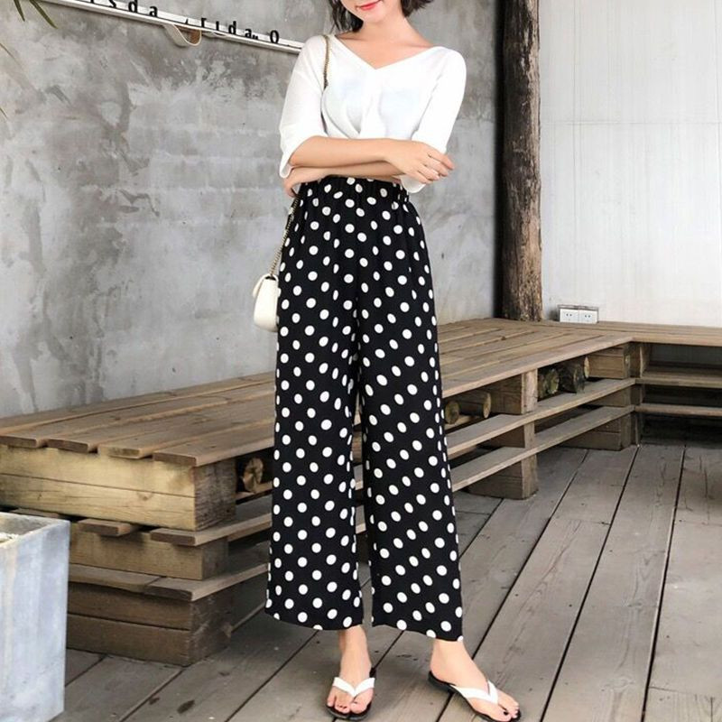 Széles szárú nadrág Egyenes elasztikus derék zseb irodai női egyszerű nyomtatás bő pöttyös tavaszi nyári vékony női ruházat