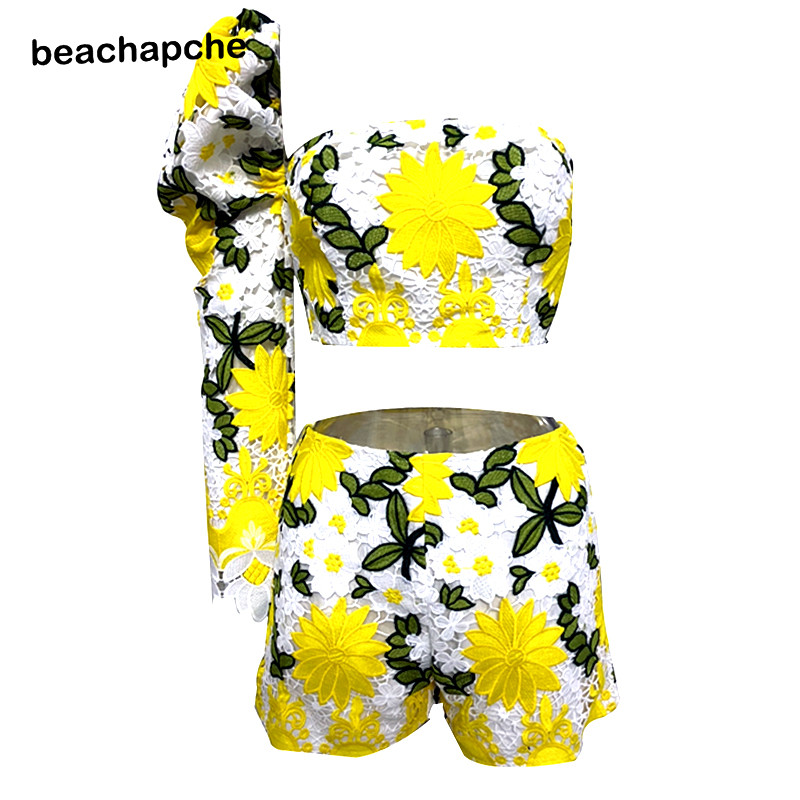Beachapche Lace Duff Sleeve Top & Short Setovi Žuti jednokratni prsluk Kratke hlače Dvodijelni set Club Outfit Ženska izdubljena majica Seksi