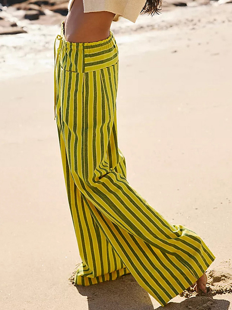 Νέα μόδα Γυναικεία φαρδιά παντελόνια με κορδόνι στη μέση με φαρδύ πόδι Παντελόνι με ρίγες με πολλές τσέπες Παντελόνι φιλικό προς το δέρμα Hot έκπτωση SML