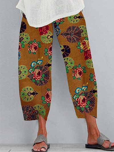 Nagy méretű pamut vászon nadrágok divatos virágmintás elasztikus derékbő nadrágok női bokáig érő nadrágok nyári alkalmi nadrágok