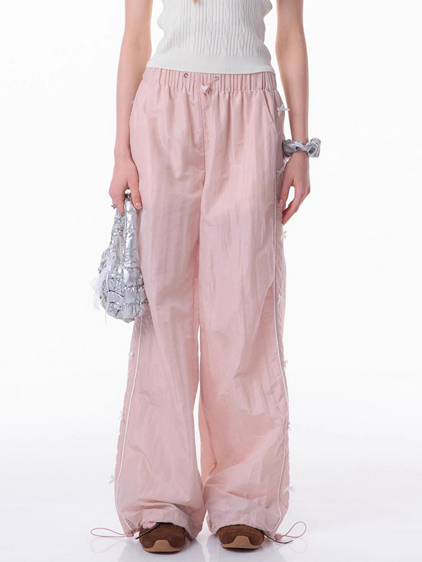 HOUZHOU Y2k Coquette Cargo nadrágok női nyári nadrágok húzózsinóros gyorsan száradó aranyos masni kocogó széles lábú melegítőnadrág utcai viselet