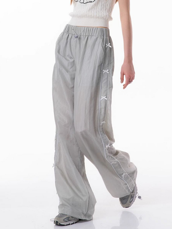 HOUZHOU Y2k Coquette Cargo nadrágok női nyári nadrágok húzózsinóros gyorsan száradó aranyos masni kocogó széles lábú melegítőnadrág utcai viselet