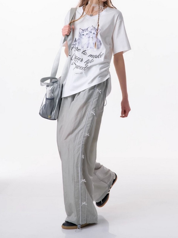 HOUZHOU Y2k Coquette Cargo nadrágok női nyári nadrágok húzózsinóros gyorsan száradó aranyos masni kocogó széles lábú melegítőnadrág utcai viselet