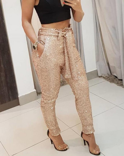 Nove ženske modne trendi svjetlucave zlatne hlače opuštenog visokog struka u južnokorejskom stilu + remen oko struka