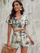 Summer Casual Flowers Sexy Short Sets Set Două Piese Pentru Femei Print Tricouri Crop Set 2 Piese Set Outfits Pentru Office Lady