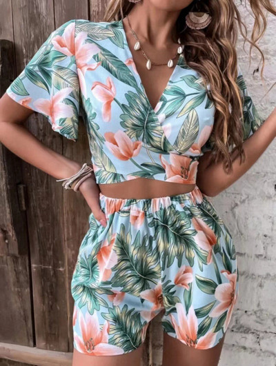 Summer Casual Flowers Sexy Short Sets Set Două Piese Pentru Femei Print Tricouri Crop Set 2 Piese Set Outfits Pentru Office Lady
