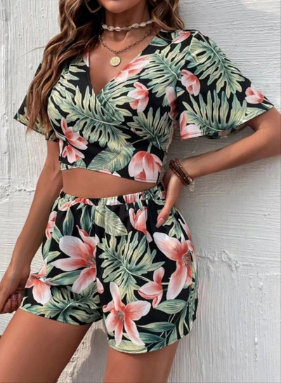 Summer Casual Flowers Sexy Short Sets Set Două Piese Pentru Femei Print Tricouri Crop Set 2 Piese Set Outfits Pentru Office Lady