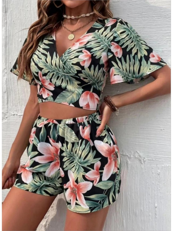 Summer Casual Flowers Sexy Short Sets Set Două Piese Pentru Femei Print Tricouri Crop Set 2 Piese Set Outfits Pentru Office Lady