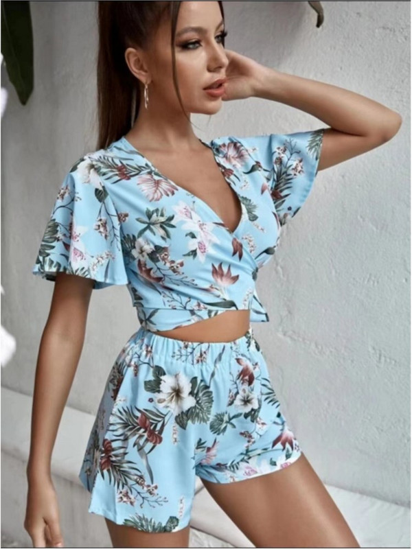Summer Casual Flowers Sexy Short Sets Set Două Piese Pentru Femei Print Tricouri Crop Set 2 Piese Set Outfits Pentru Office Lady
