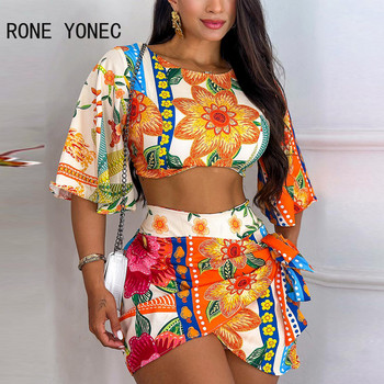 Γυναικεία Chic Crop Floral Pattern Top μισά μακρυμάνικα με κορδόνια ασύμμετρα καλοκαιρινά σετ με κορμάκι